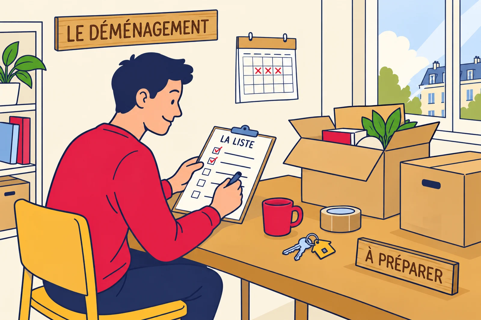 Two people organise moving boxes and a checklist before a move to France.