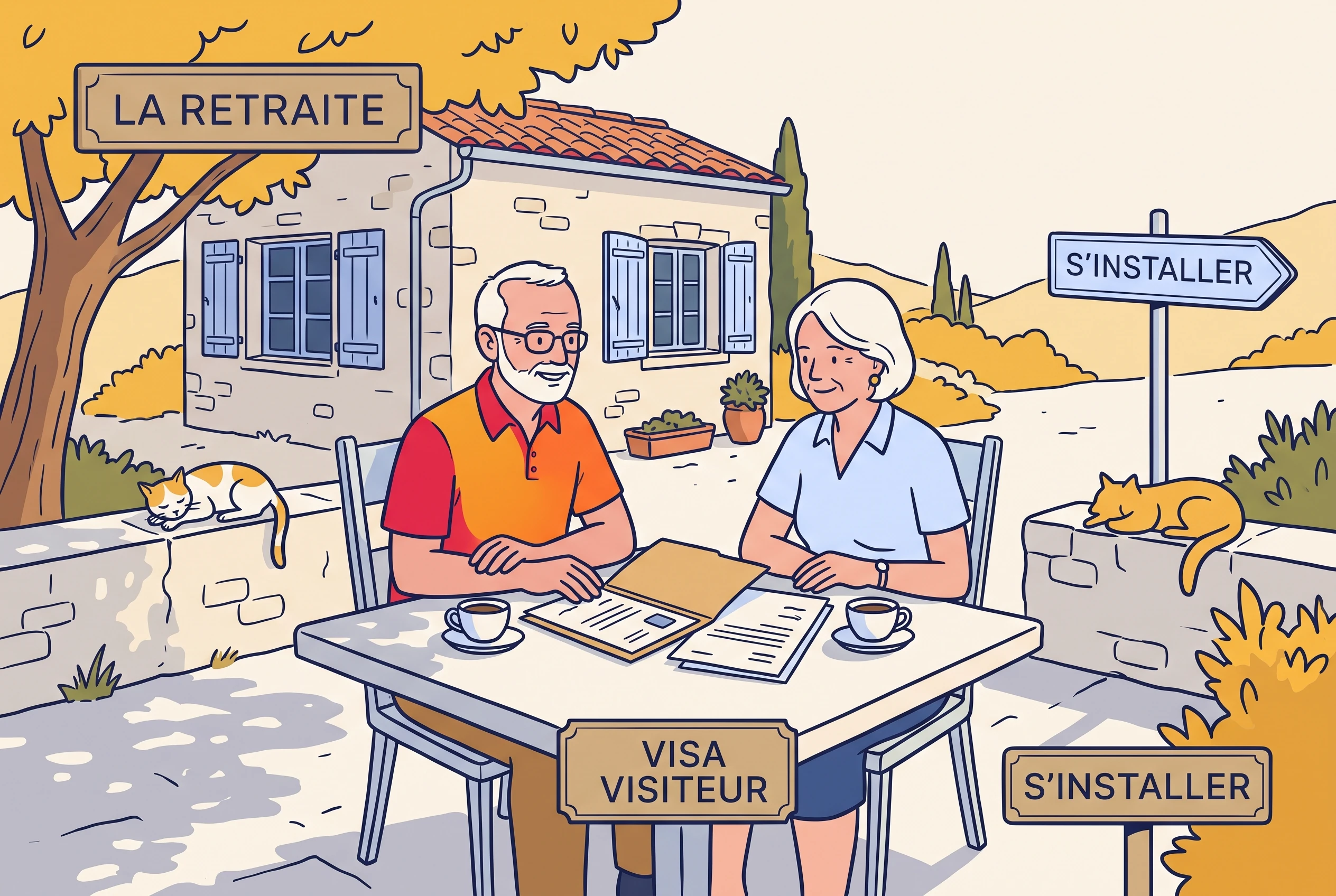 A retired couple on a sunny French terrace with their visa folder and a pension statement on the table.