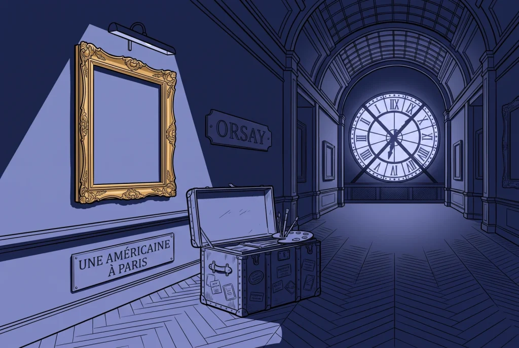 Navy illustration of a night gallery in the former railway station of the Musée d'Orsay with an empty gilded frame and a steamer trunk, Mary Cassatt in Paris.