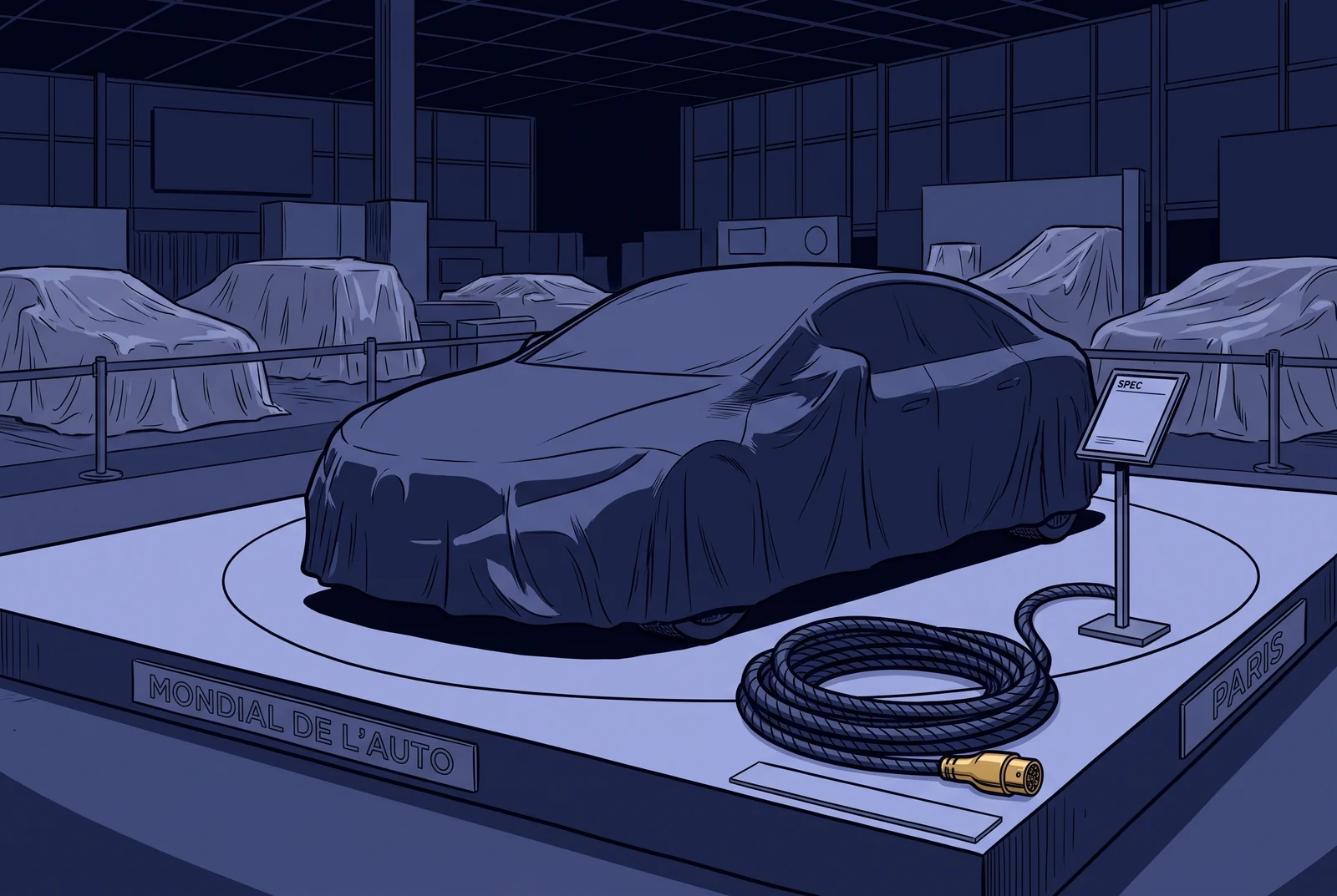Navy monochrome illustration of a Paris motor show hall at night with a car under a fitted dust sheet and a gold charging plug, the Mondial de l'Auto 2026.
