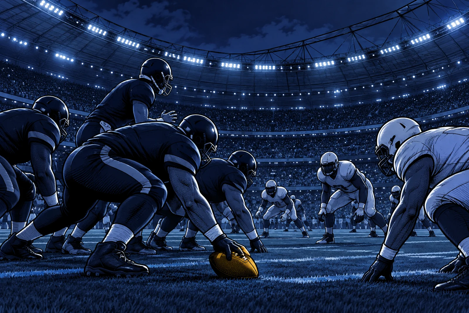 Navy illustration of an American football game at the Stade de France at night, with one golden football.