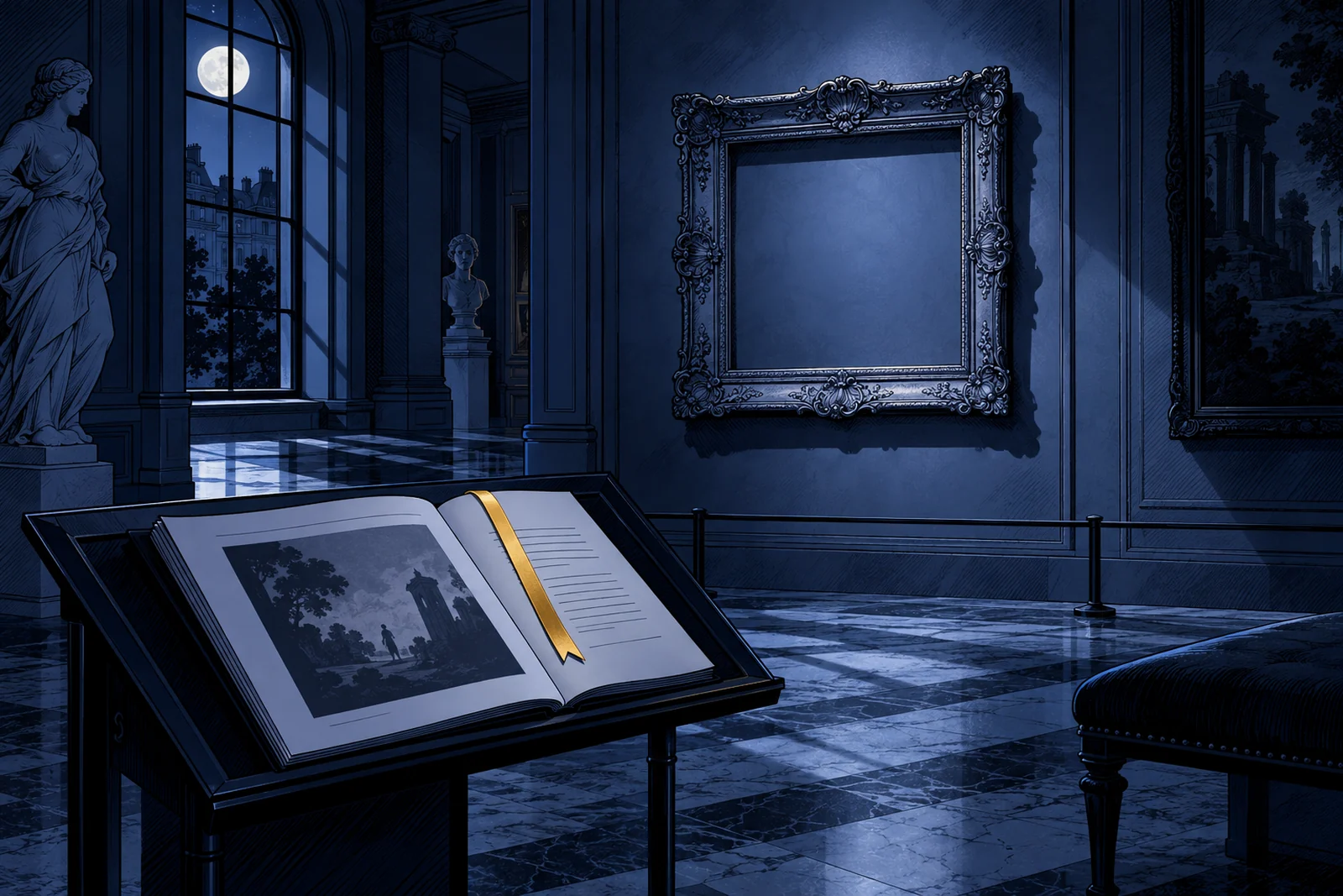 Navy illustration of an empty museum frame beside an auction catalogue, with one golden catalogue bookmark.
